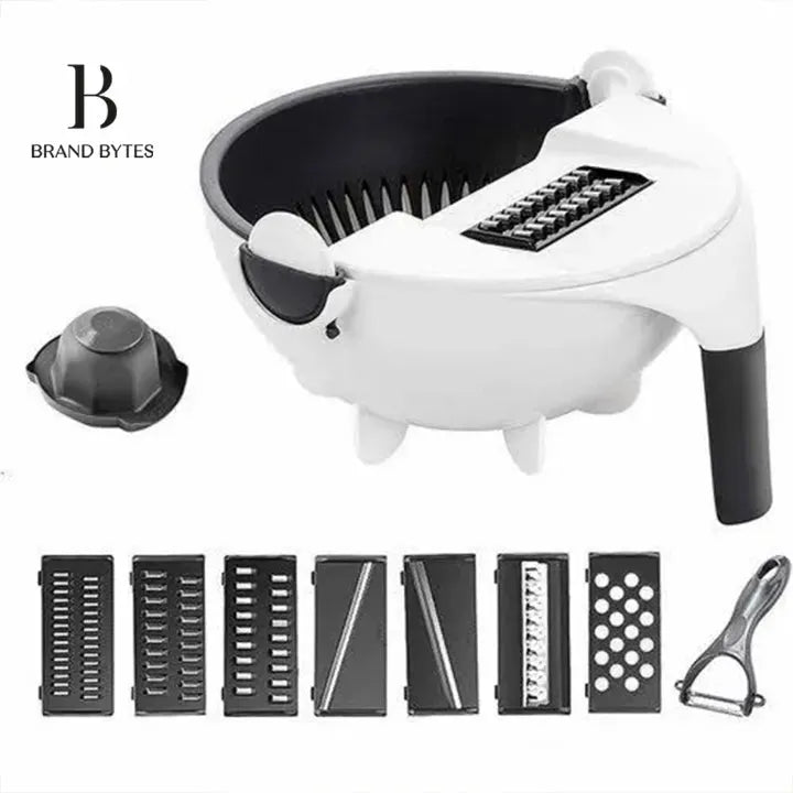 Brand Bytes 9 in 1 Multifunction Vegetable Cutter with Drain Basket Magic Rotate Vegetable Cutter Portable Slicer Chopper